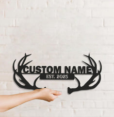 Maxcorners Personalized Deer Antler Metal Sign WITH LED/WITHOUT LED - Rustic Cabin Name Sign, Hunter Lodge Established Wall Art LM0110