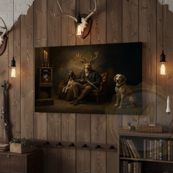 Maxcorners Deer Gentleman with Hunting Dogs in Rustic Room Wrapped Canvas