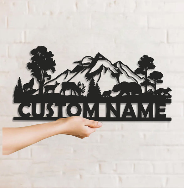 Maxcorners Personalized Wildlife Metal Sign WITH LED/WITHOUT LED - Rustic Cabin Name Sign with Deer & Bear, Mountain Lodge Outdoor Wall Art LM0110