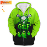 Maxcorners Halloween Golf Polos, Green Skull Golf Shirt For Men, Custom Name Golf Polo, Funny Golf Shirts For Golfers