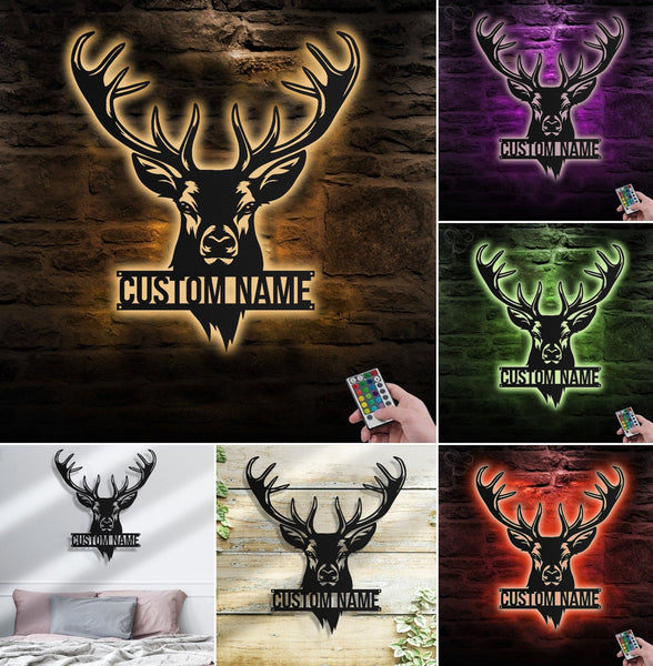 Maxcorners Personalized Deer Head Metal Sign WITH LED/WITHOUT LED – Rustic Hunting Cabin Wall Decor, Gift for Hunters LM0110