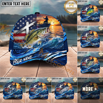 Maxcorners Fishing American Flag Sunset Wave Personalized Name 3D Cap (12 Fish Species)