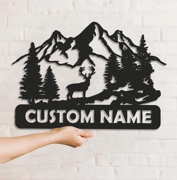 Maxcorners Personalized Deer Metal Sign WITH LED/WITHOUT LED - Mountain Cabin Name Sign, Rustic Wildlife Wall Art for Lodge & Outdoor Decor LM0110