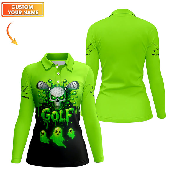 Maxcorners Halloween Golf Polos, Green Skull Golf Shirt For Men, Custom Name Golf Polo, Funny Golf Shirts For Golfers