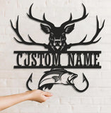 Maxcorners Personalized Deer & Fish Metal Sign WITH LED/WITHOUT LED Light Rustic Cabin Wall Decor Hunter Fisher Gift LM0110