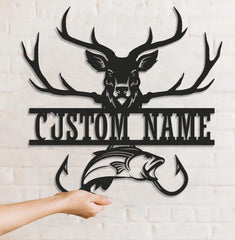 Maxcorners Personalized Deer & Fish Metal Sign WITH LED/WITHOUT LED Light Rustic Cabin Wall Decor Hunter Fisher Gift LM0110