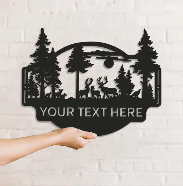 Maxcorners Personalized Deer Forest Metal Sign WITH LED/WITHOUT LED, Rustic Hunting Cabin Wall Decor, Wildlife Scene for Lodge or Mancave LM0110
