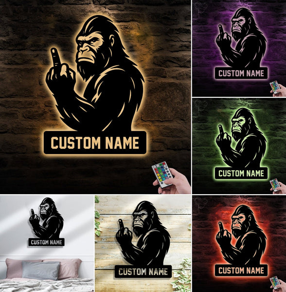 Maxcorners Personalized Bigfoot Metal Sign WITH LED/WITHOUT LED Light, Funny Sasquatch Middle Finger Wall Art, Hunter Gag Gift for Man Cave or Garage LM0110
