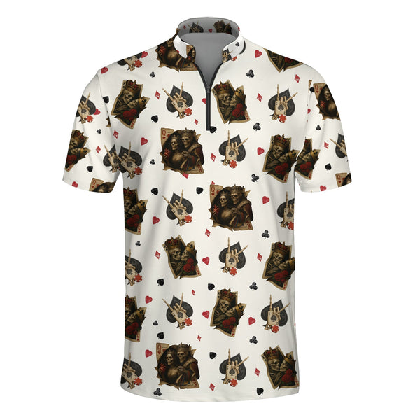 Funny Poker Playing Card Shirts For Men, Skull King & Card Suits Pattern Polos, Funny Poker Shirt