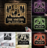 Maxcorners Personalized Deer Family Metal Sign WITH LED/WITHOUT LED, Rustic Cabin Wall Decor, Wildlife Hunting Lodge Name Sign LM0110