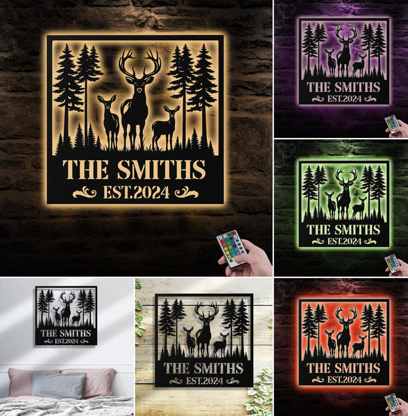 Maxcorners Personalized Deer Family Metal Sign WITH LED/WITHOUT LED, Rustic Cabin Wall Decor, Wildlife Hunting Lodge Name Sign LM0110