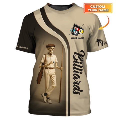 Maxcorners Custom Billiards Shirt Vintage Skeleton Pool Player Tee Beige Brown Pool T-Shirt LM0509