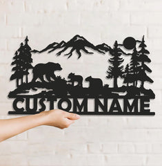 Maxcorners Personalized Bear Family Metal Sign WITH LED/WITHOUT LED - Mountain Cabin Name Sign, Rustic Wildlife Wall Art for Lodge & Outdoor Decor LM0110