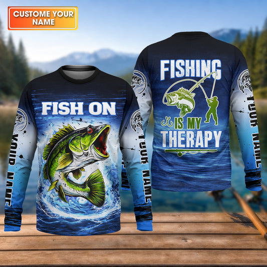 Maxcorners Fishing Is My Therapy Fishing UPF Shirt, Fish On, Personalized Fishing Shirt For Men, Mens Casual Shirts