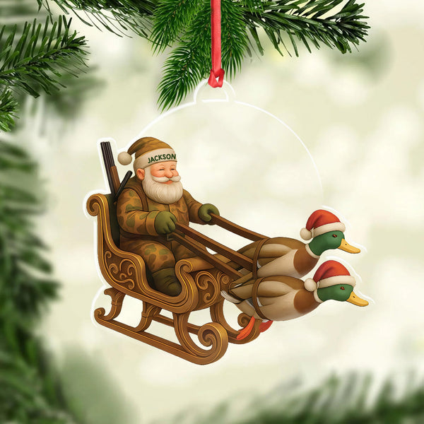 Maxcorners Personalized Funny Santa Hunter Acrylic Ornament– Duck Hunting Christmas Wall Art, Santa Claus with Ducks Sleigh, Custom Hunter Gift for Men LM0411