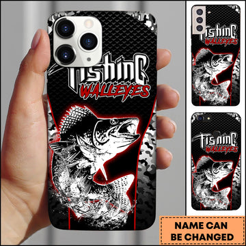Maxcorners Walleye Fishing Black Red Camo Personalized Name 3D Phone Case