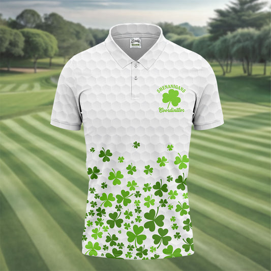 Maxcorners Shenanigans Coordinator Golf Ball Pattern St Patrick Day White Golf Shirt, Golf Tops For Men, Golf Shirts For Men