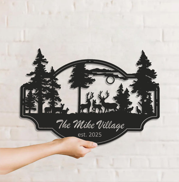 Maxcorners Personalized Deer Metal Sign WITH LED/WITHOUT LED - Rustic Wildlife Scene Cabin Name Sign, Family Lodge Outdoor Wall Art LM0110