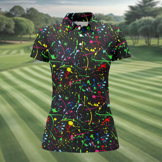 Maxcorners Neon Paint Splatter Pattern Golf Shirt, Women's Golf Shirt, Hawaiian Golf Shirt, Golf Polo For Women LM1507