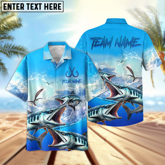 Maxcorners Barracuda Fishing Seabird Sunset Personalized Name, Team Name 3D Hawaiian Shirt