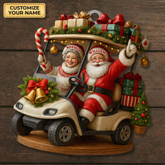 Maxcorners Happy Santa Old Couple On Golf Cart Acrylic Ornaments, Christmas Couple Ornament, Xmas Decorations