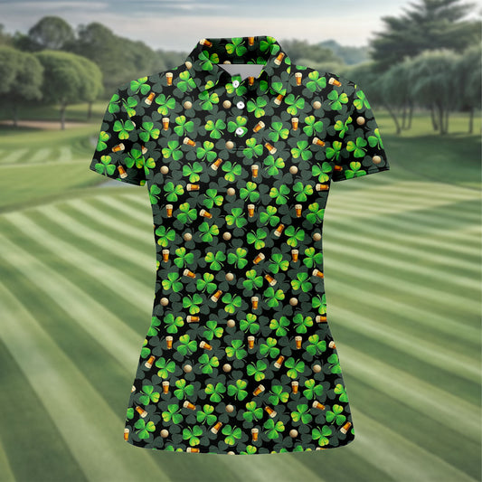 Maxcorners St Patrick's Day Beer Golf Ball Pattern Shamrock Golf Shirt, Women's Golf Tops, Ladies Golf Polos