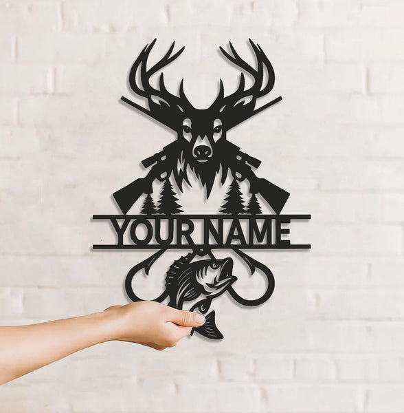 Maxcorners Personalized Deer Hunting and Fishing Metal Sign WITH LED/WITHOUT LED – Rustic Cabin Wall Decor, Gift for Hunters and Anglers LM0110