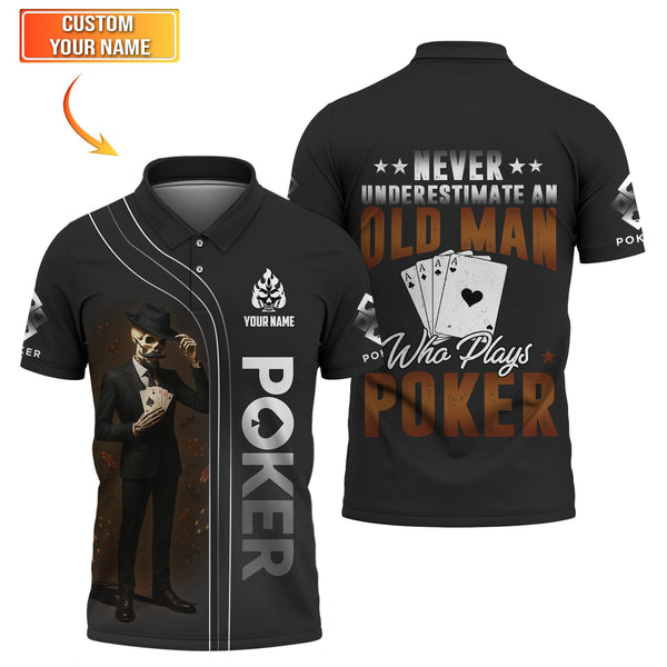 Poker T Shirt  Never Underestimate An Old Man Who Plays Poker Skeleton Card Player Black Tee