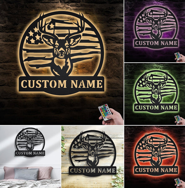 Maxcorners Custom Name American Flag Deer Hunting Metal Sign WITH LED/WITHOUT LED Light Rustic Lodge Wall Decor LM0110