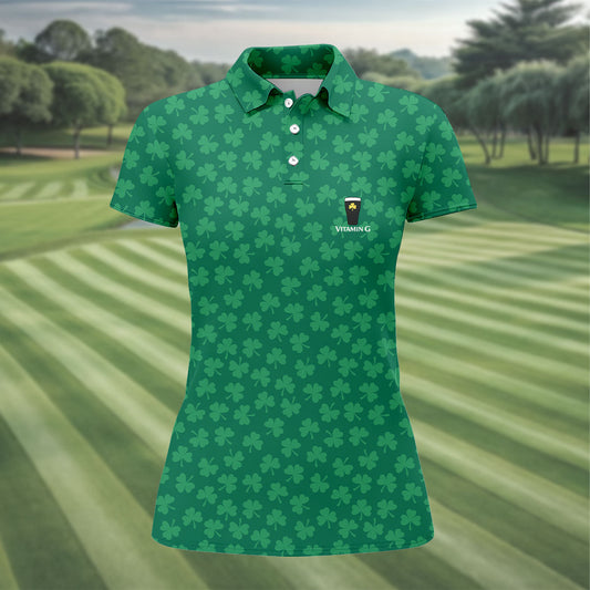 Maxcorners Vitamin G Shamrock Pattern Golf And Beer Green Golf Shirt, St Patrick's Day Golf Shirt, Women's Golf Shirts