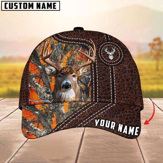 Maxcorners Deer Hunting Premium Leather Pattern Mutilcolored Personalized Name 3D Cap