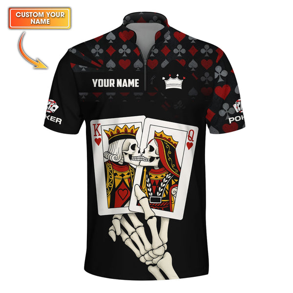 Custom Funny Skeleton Poker Shirt, King & Queen Playing Card Polos, Gifts For Poker Players