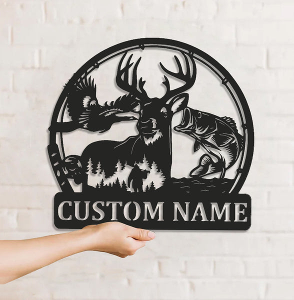 Maxcorners Personalized Deer, Fish & Duck Hunting Metal Sign WITH LED/WITHOUT LED, Rustic Wildlife Wall Decor for Cabin, Lodge, or Mancave LM0110