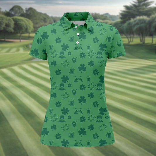 Maxcorners Leprechaun Hat Shamrock Beer Dark Green Seamless Pattern St. Patrick’s Day Golf Shirt, Women's Golf Tops