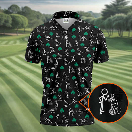 Maxcorners Stick Figure Golf Pose St Patrick's Day Shamrock Black Golf Shirt, Polo Shirts For Men, Golf Shirts For Men