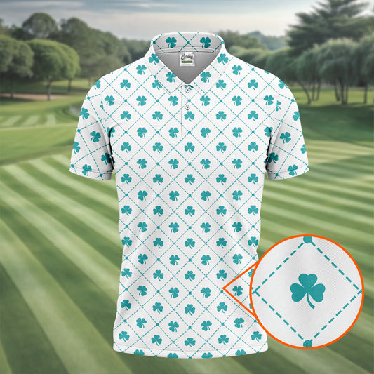 Maxcorners Grid Pattern Shamrock Golf Shirt, St Patrick's Day Golf Tops For Men, Golf Shirts For Men, Polo Shirts For Men