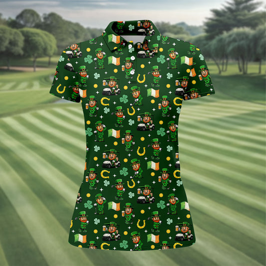 Maxcorners St Patrick's Day Leprechaun Golf Pose Irish Flags Shamrock Golf Shirt, Women's Golf Shirts, Ladies Golf Polos
