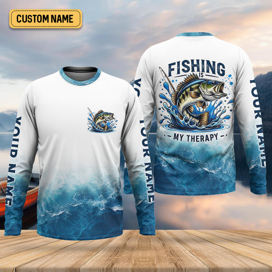 Maxcorners Fishing Is Therapy Funny Fishing Shirt, Mens SPF Shirt, Fishing Gifts For Men, Bass Fishing