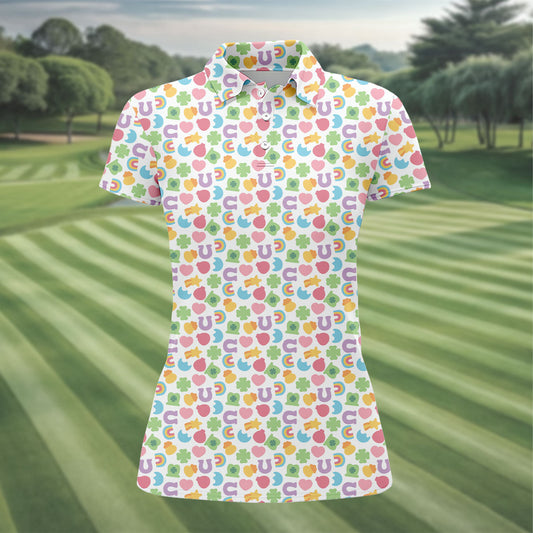 Maxcorners St Patrick's Day Lucky Charms White Golf Shirt, Cute Golf Outfit, Women's Golf Tops, Ladies Golf Polos