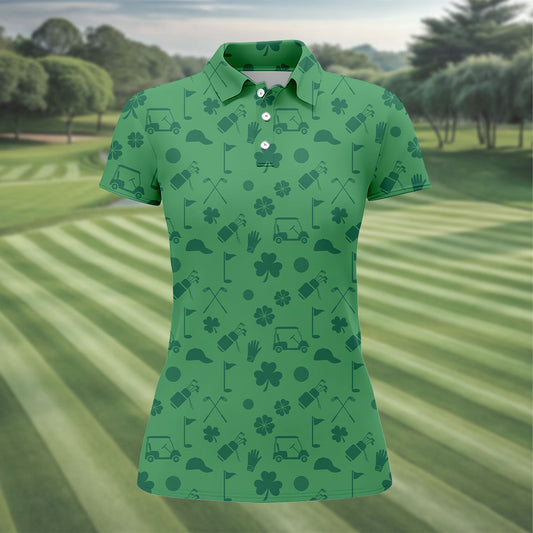 Maxcorners Dark Green Golf Items Seamless Pattern St. Patrick’s Day Shamrock Golf Shirt, Women's Golf Tops, Ladies Golf Polos