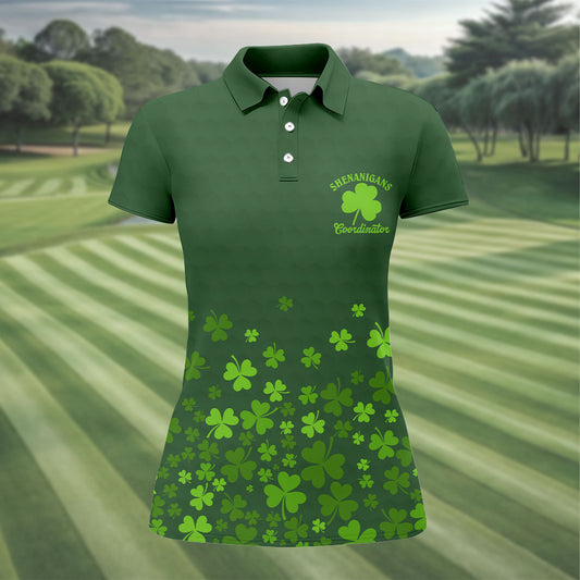 Maxcorners Shenanigans Coordinator Golf Ball Pattern St Patrick Day Green Golf Shirt, Women's Golf Tops, Ladies Golf Polos
