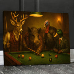 Maxcorners Hunter’s Billiard Crew Canvas Wall Art – Deer, Boar, Duck & Turkey Playing Pool – Rustic Hunting Cave & Lodge Decor