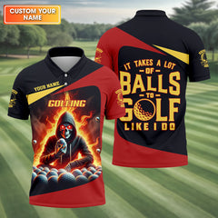 Maxcorners It Takes A Lot of Balls to Golf Like I Do Custom Skull Funny Golf Polo Shirt, Dad Golf Gifts