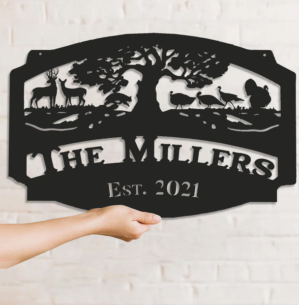 Maxcorners Personalized Hunting Metal Sign WITH LED/WITHOUT LED Light Deer Turkey Scene Custom Name Metal Wall Art Hunter Gift Rustic Cabin Decor LM0110