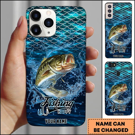 Maxcorners Bass Fishing Phone Case Fish Scale Pattern Splash Design Personalized Name 3D Phone Case