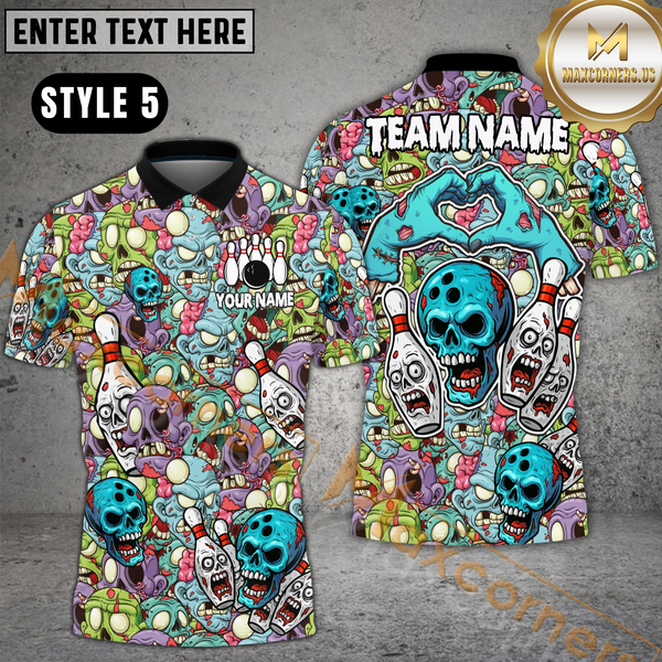 Maxcorners Bowling Zombie Skull Horror Style Customized Name, Team Name 3D Polo Shirt