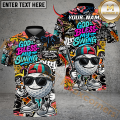 Maxcorners God Bless My Swing Graffiti Golf Polo Shirt, Custom Name & Team Name 3D Shirts