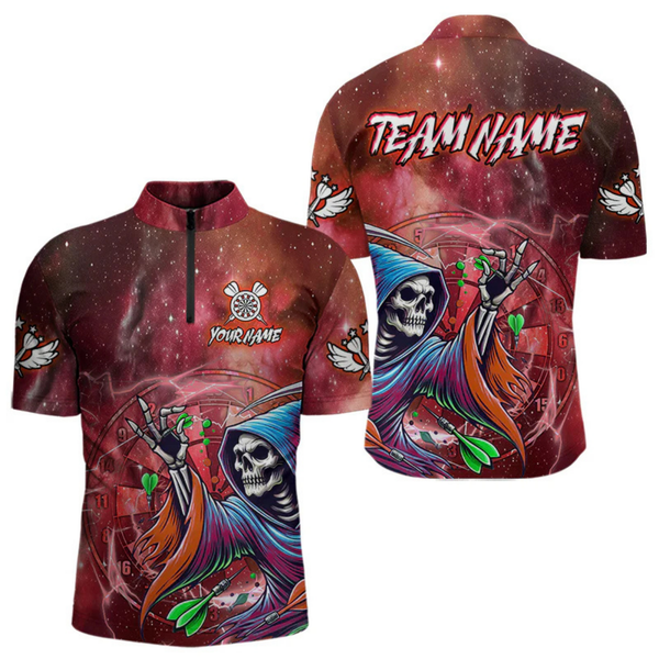 Maxcorners Death Skeleton Red Galaxy Funny Dart Shirts For Men Custom Darts Jerseys Outfit, Darts Gifts LM154