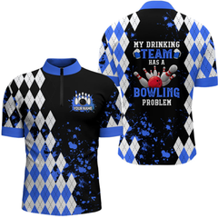 Maxcorners Blue argyle pattern Retro Bowling Shirts For Men Custom My drinking team has a bowling problem LM054