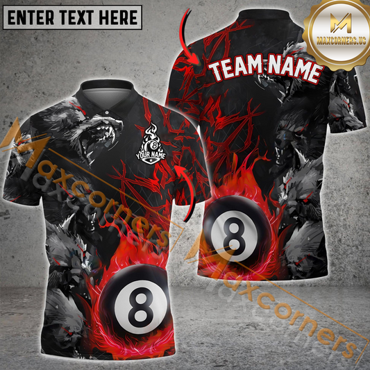 Maxcorners Ball 8 Wolf Flame Billiard Jersey Multicolor Options Personalized Name, Team Name 3D Polo Shirt (4 Colors)